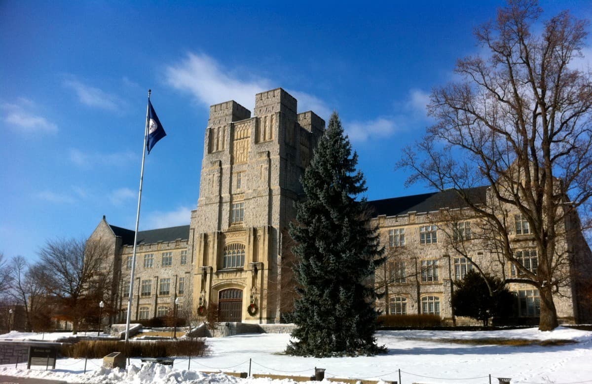Burruss Hall after a fresh snowfall