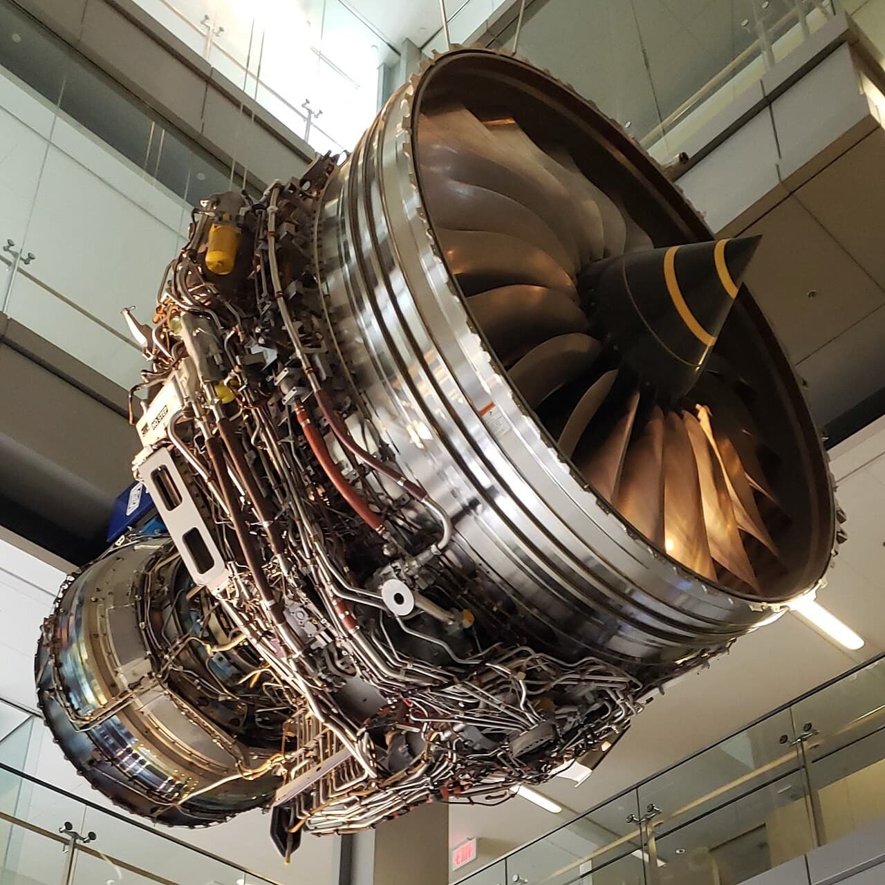 A retired Rolls-Royce Trent 1000 jet engine suspended inside Goodwin Hall