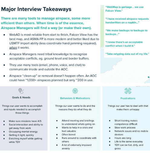 Major interview takeaways from 20+ user sessions across four Air Operations Centers, synthesized into goals, behaviors, and frustrations that shaped the digital request form