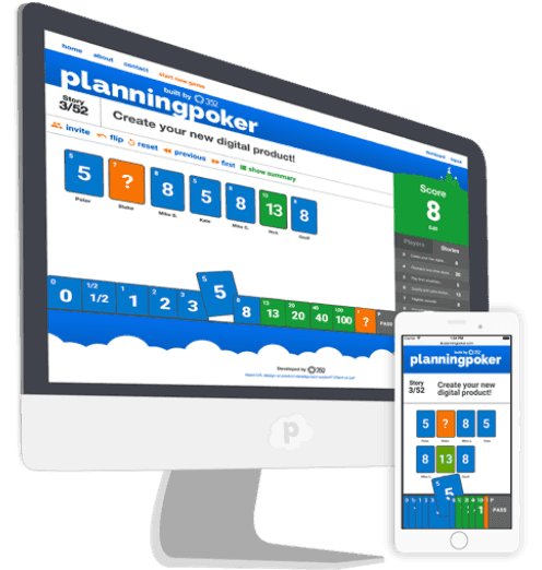 PlanningPoker.com redesigned interface: real-time estimation with card reveal, score display, and responsive mobile layout on desktop and phone