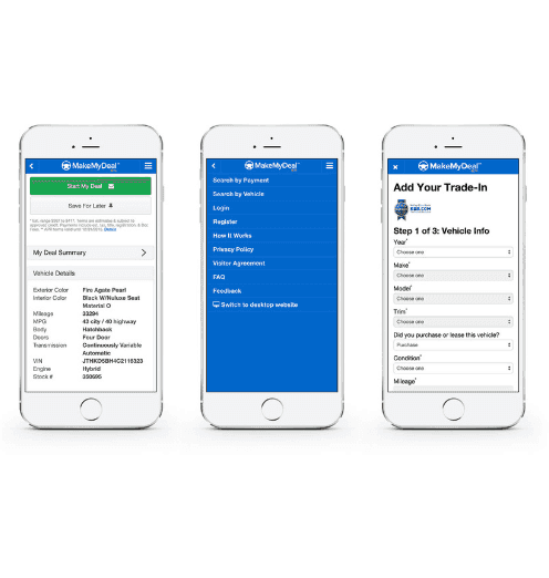 Mobile-responsive deal flow: vehicle details, navigation menu, and KBB-powered trade-in valuation on iPhone