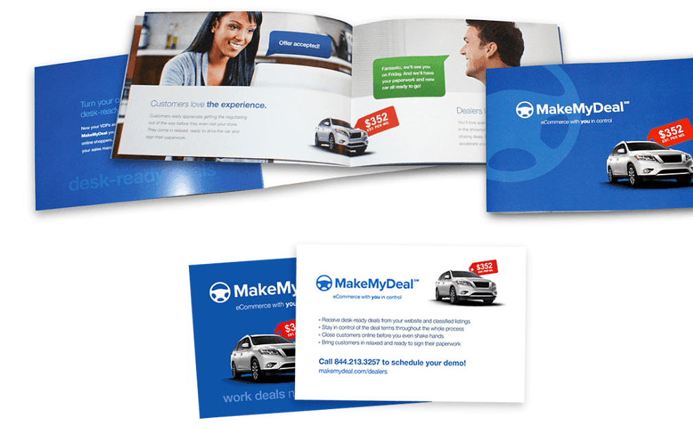 MakeMyDeal marketing collateral: the "Buy at Home" campaign targeting dealership adoption of the online negotiation platform
