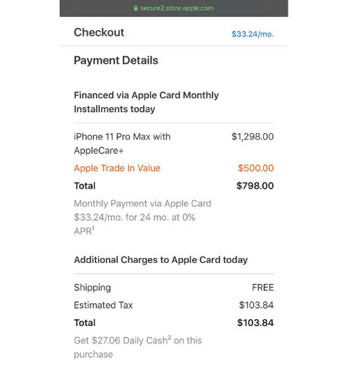 Checkout flow: payment details showing Apple Card Monthly Installments with trade-in credit, monthly calculation, and Daily Cash back at purchase