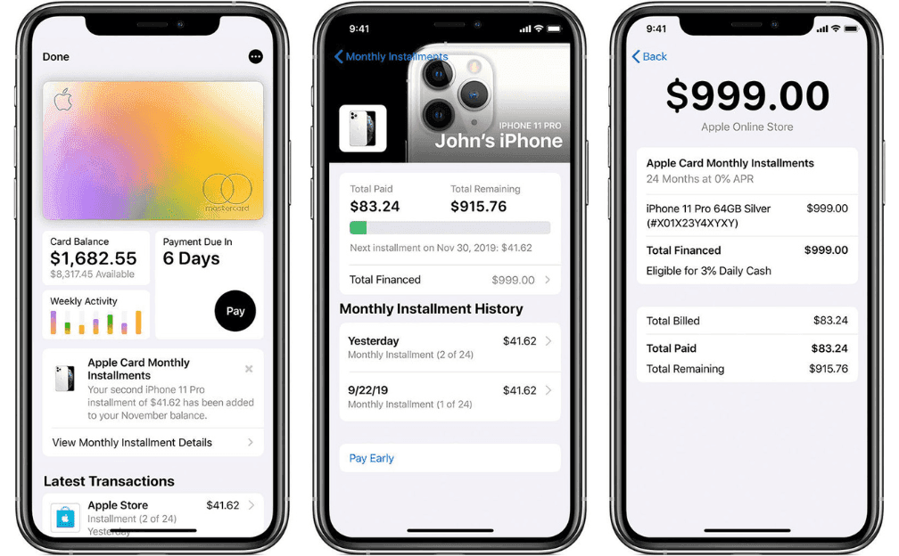 Wallet app integration: card balance, installment tracking with payment history, and transaction-level detail showing 24-month 0% APR terms
