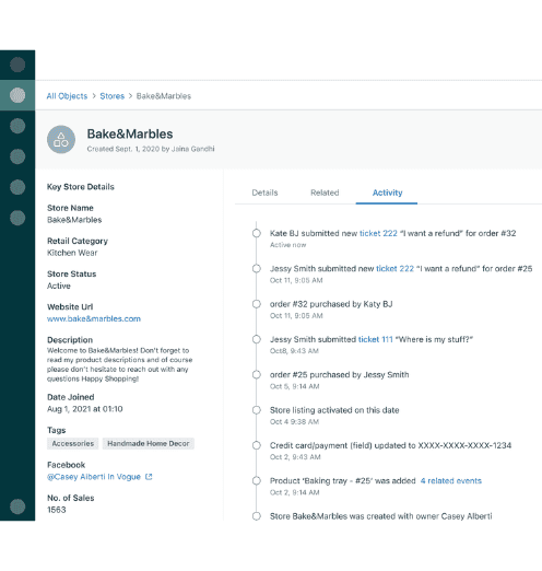 Custom Object record view: Bake&Marbles store profile with activity feed showing tickets, orders, and field changes, the "living CRM record" vision realized