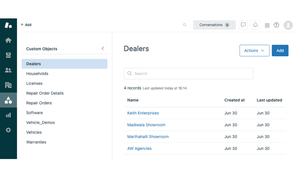 Custom Objects list view: browsable object types (Dealers, Households, Licenses, Repair Orders) that enterprise customers could define without API calls