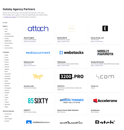 Gatsby Agency Partners directory: the B2B channel Kate built pricing and onboarding surfaces for, enabling agencies to scale without per-seat friction