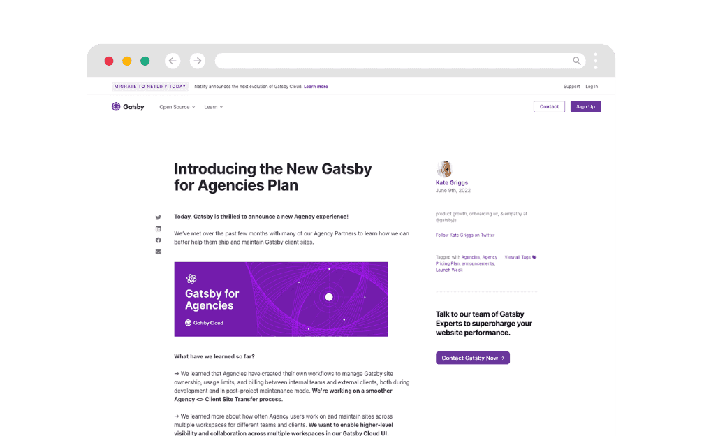 Gatsby for Agencies blog post announcing the new agency plan that restructured pricing from individual seats to team-based billing