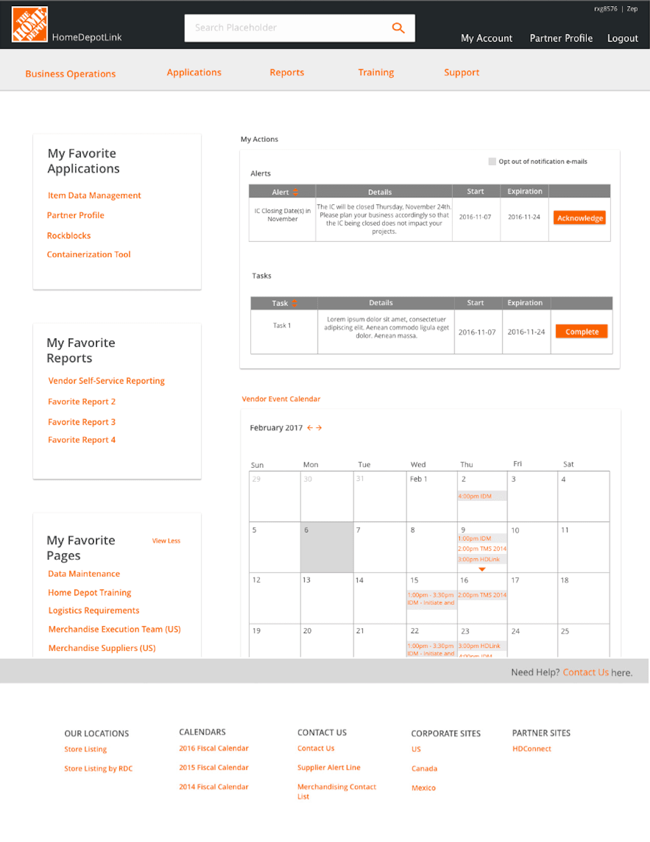 HomeDepotLink vendor dashboard: favorite applications, reports, and pages alongside the My Actions panel (alerts and tasks), vendor event calendar, and global footer linking out to store listings, fiscal calendars, contacts, and corporate/partner sites