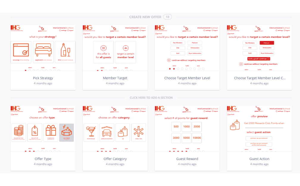 Redesigned offer builder: step-by-step wizard for strategy selection, member targeting, offer category, guest reward amount, and guest action configuration