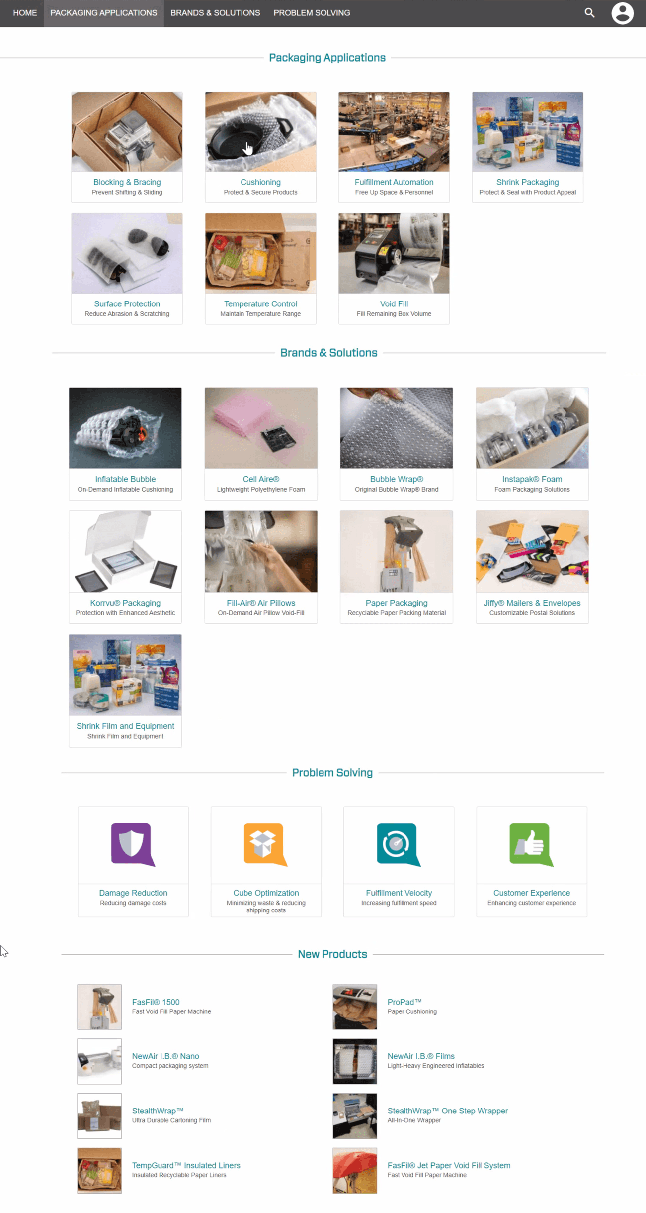 The shipped Compass portal: products organized three ways at once, by Packaging Application, by Brand & Solution, and by the Problem Solving pillar a rep is trying to address (Damage Reduction, Cube Optimization, Fulfillment Velocity, Customer Experience).