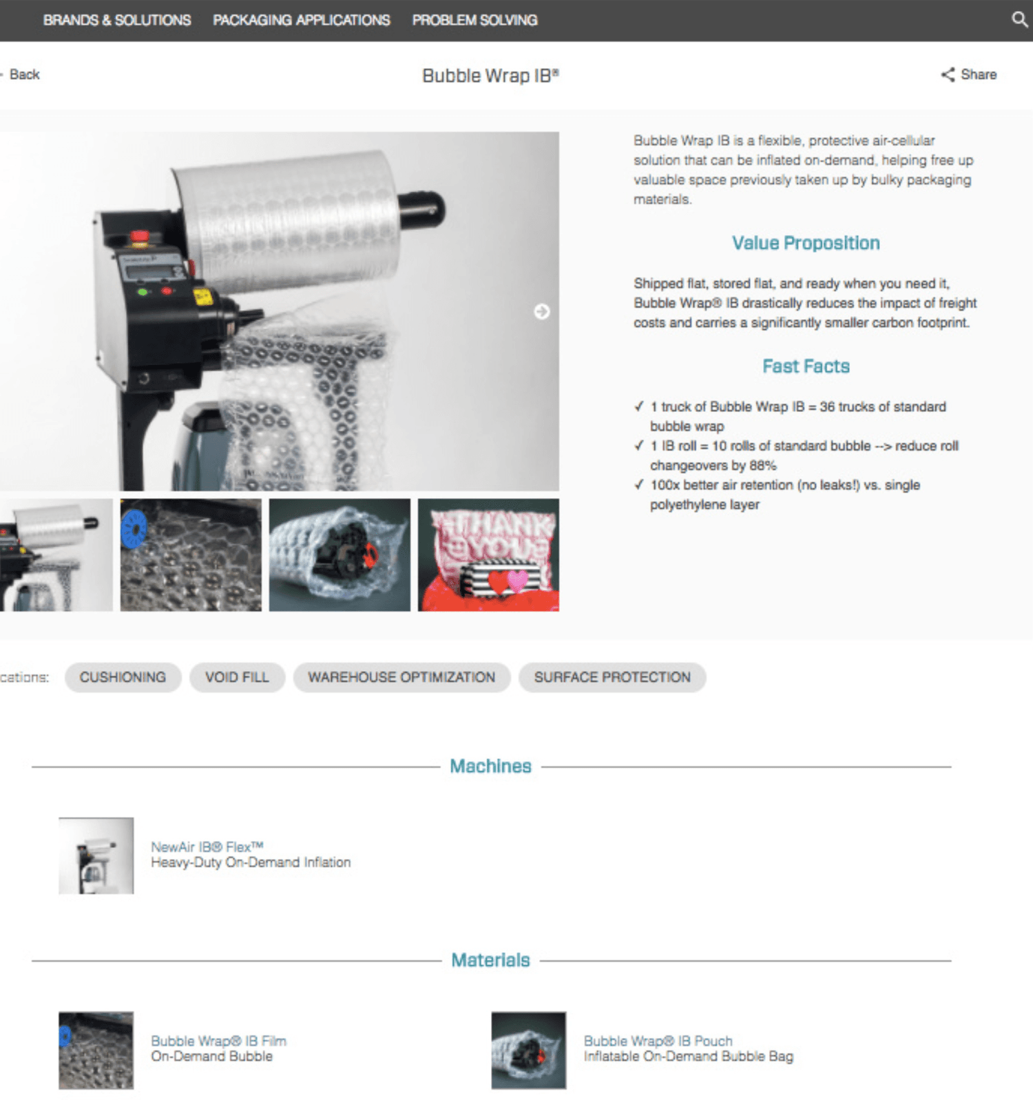 A product page built to make a rep fluent fast: value proposition, Fast Facts, media gallery, applicable uses, and the compatible machines and materials, all on one screen.