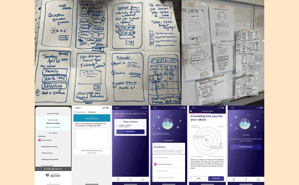 From paper prototypes to shipped product: hand-drawn wireframes, early mobile concepts, and final Stanza UI showing the CBT therapy flow