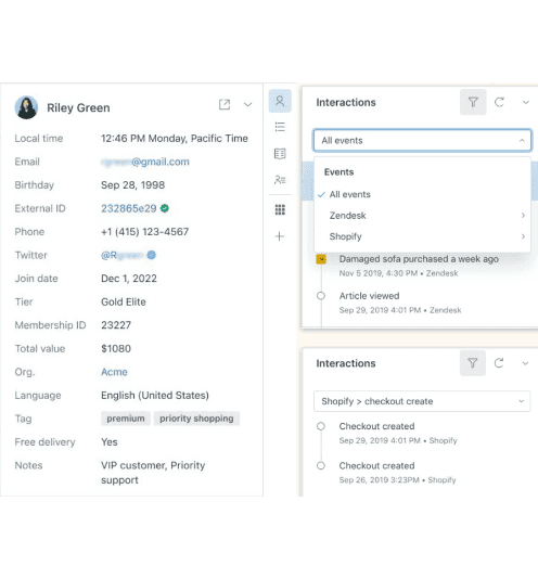 Sunshine user profile: unified customer view with contact details, membership tier, total value, tags, and filterable interaction history from Zendesk and Shopify