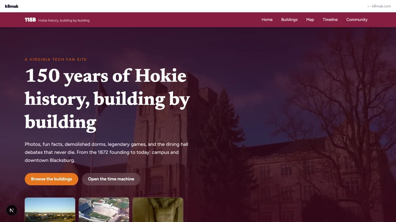 118B Campus Time Machine: an interactive map of Virginia Tech from 1872 to today, built from historical records
