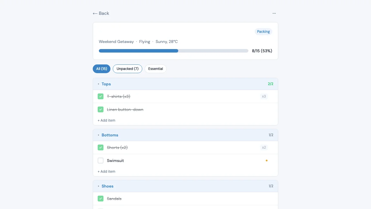 Packing List screenshot