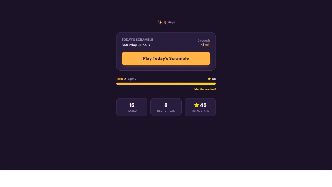 Scrambled: a daily puzzle game with word scrambles, pattern recognition, and trivia narrated by a sarcastic AI host