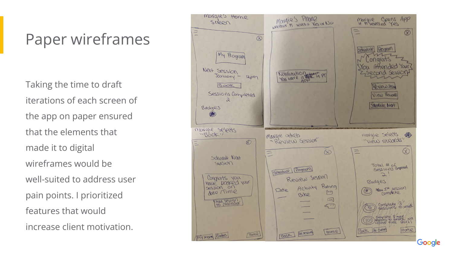 Megan's Motiv8 user journey map for Margie, with rows for actions, task list, emotions, and improvement opportunities across five stages