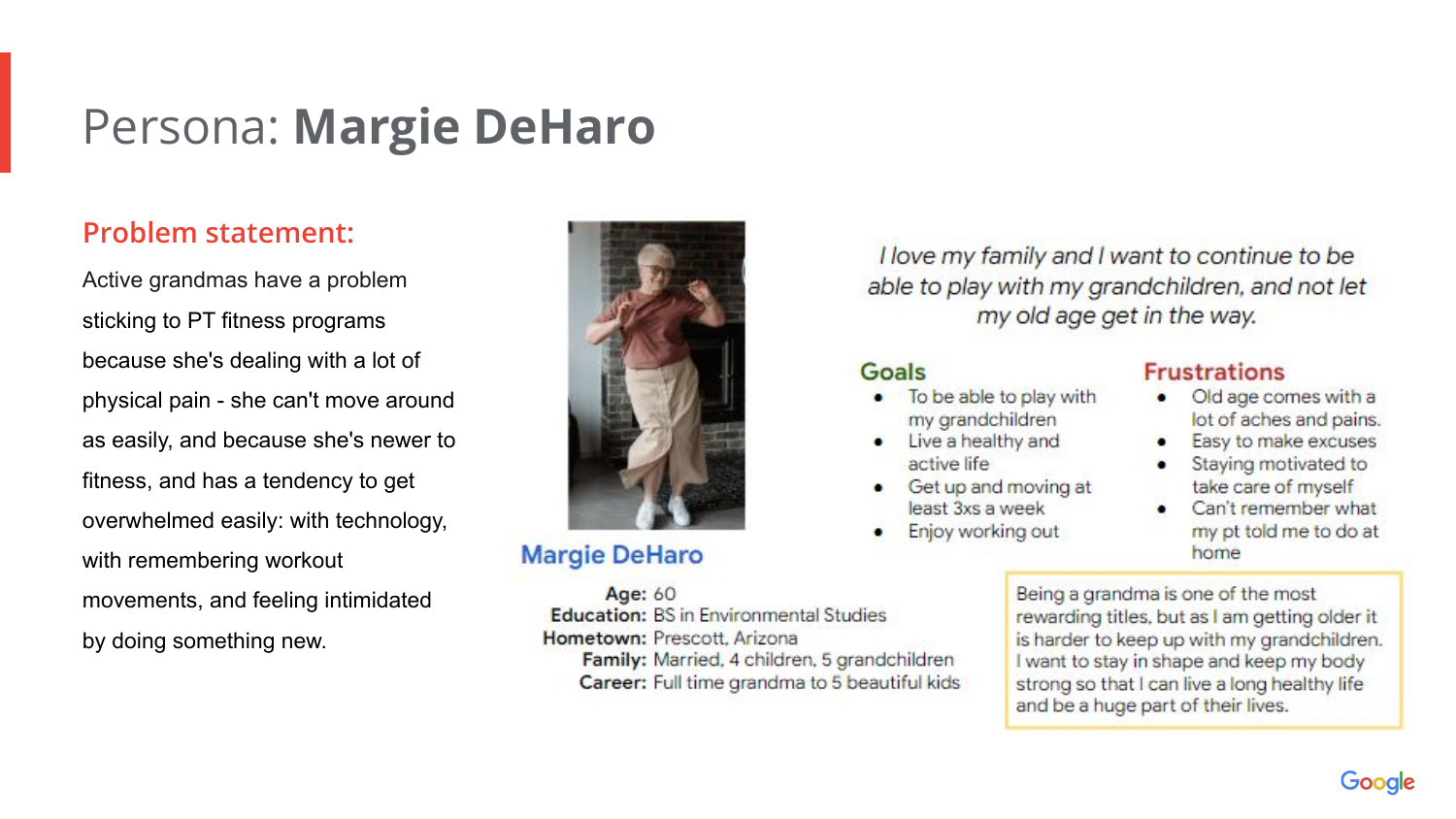 Megan's Motiv8 persona for Margie DeHaro, a 60-year-old active grandmother, with a problem statement, goals, and frustrations