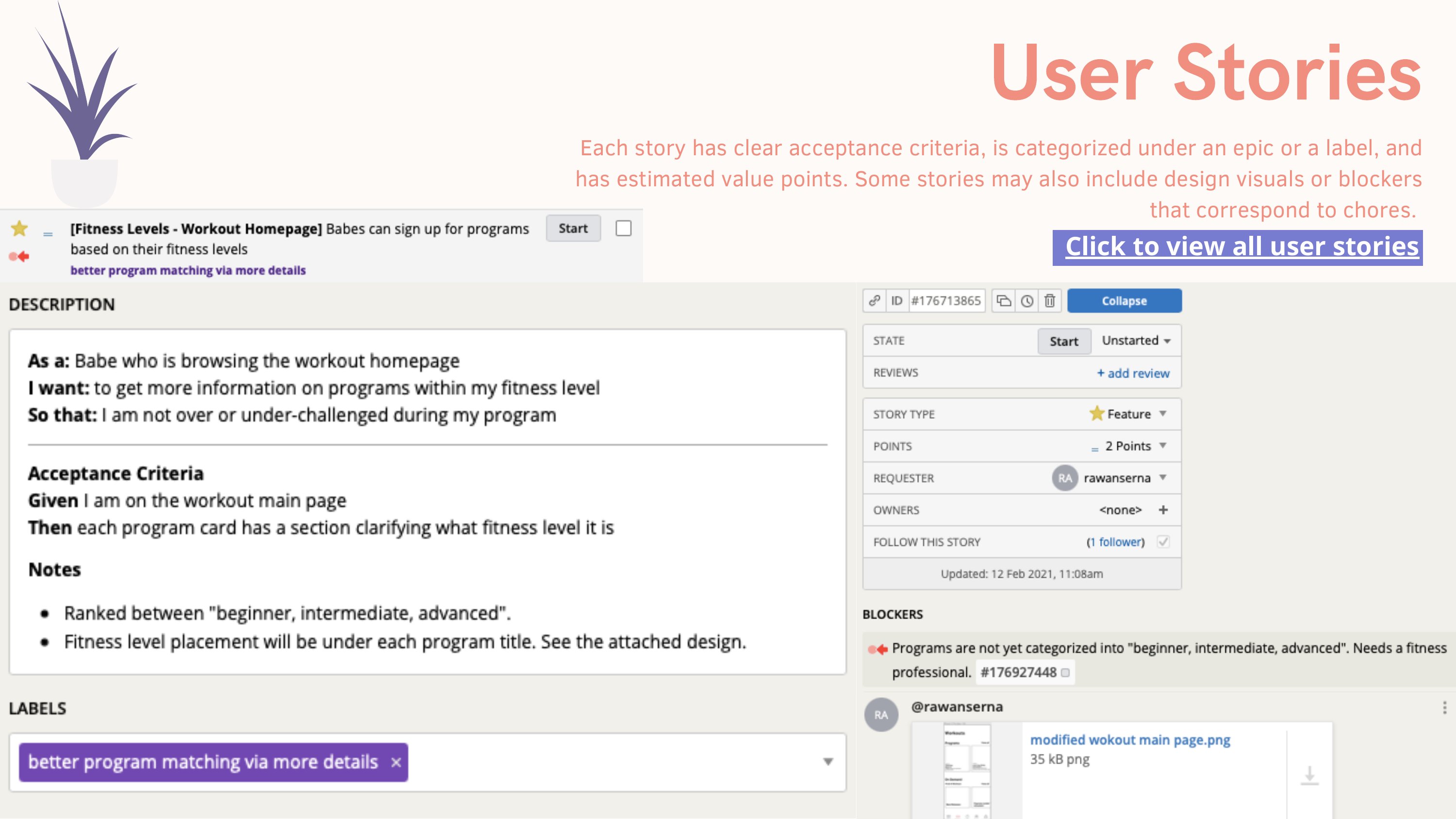 User story in Pivotal Tracker with acceptance criteria, design attachment, and blocker notation