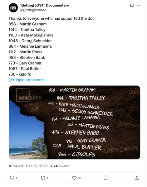 Getting Lost documentary social shoutout -- Kate Makrigiannis listed as backer #1100