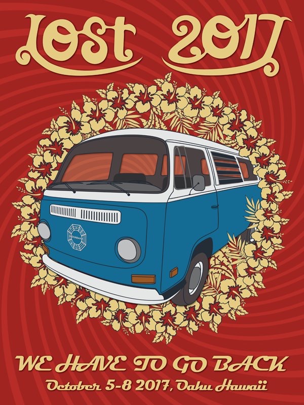 LOST 2017 poster -- Dharma Van with hibiscus wreath, October 5-8 2017 Oahu Hawaii